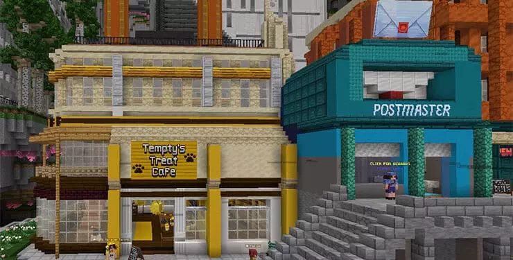 Scene from the sandbox game Minecraft featuring a cat cafe to promote the partnership between Misfits Gaming and Mars Petcare.